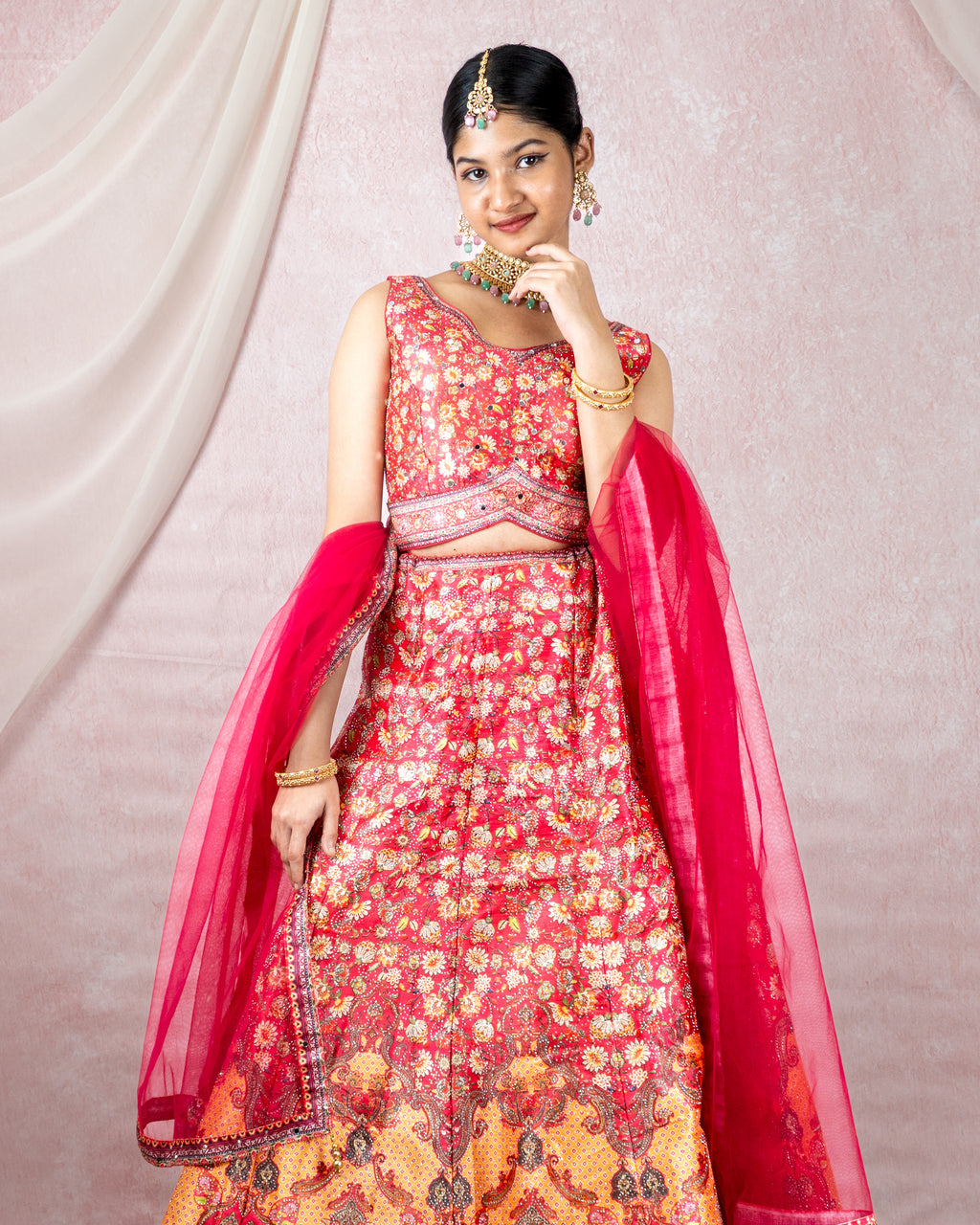 Radiant Red Floral Sequin Lehenga