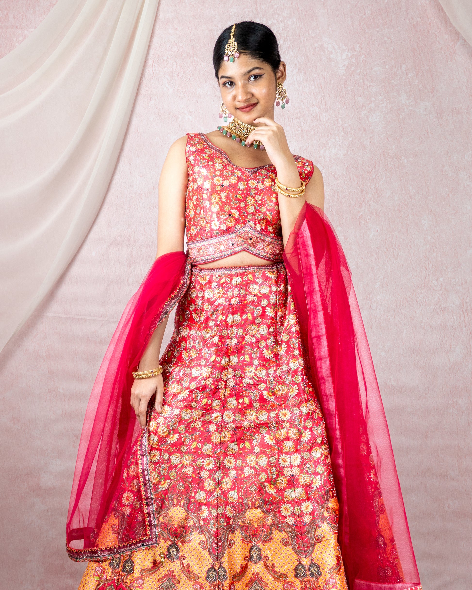 Radiant Red Floral Sequin Lehenga