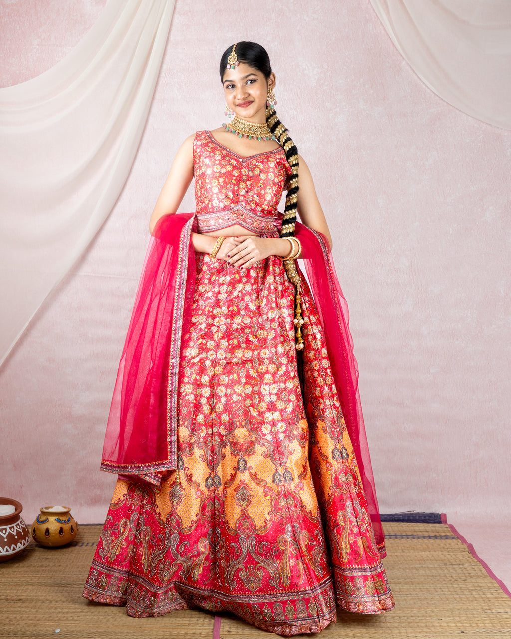 Radiant Red Floral Sequin Lehenga
