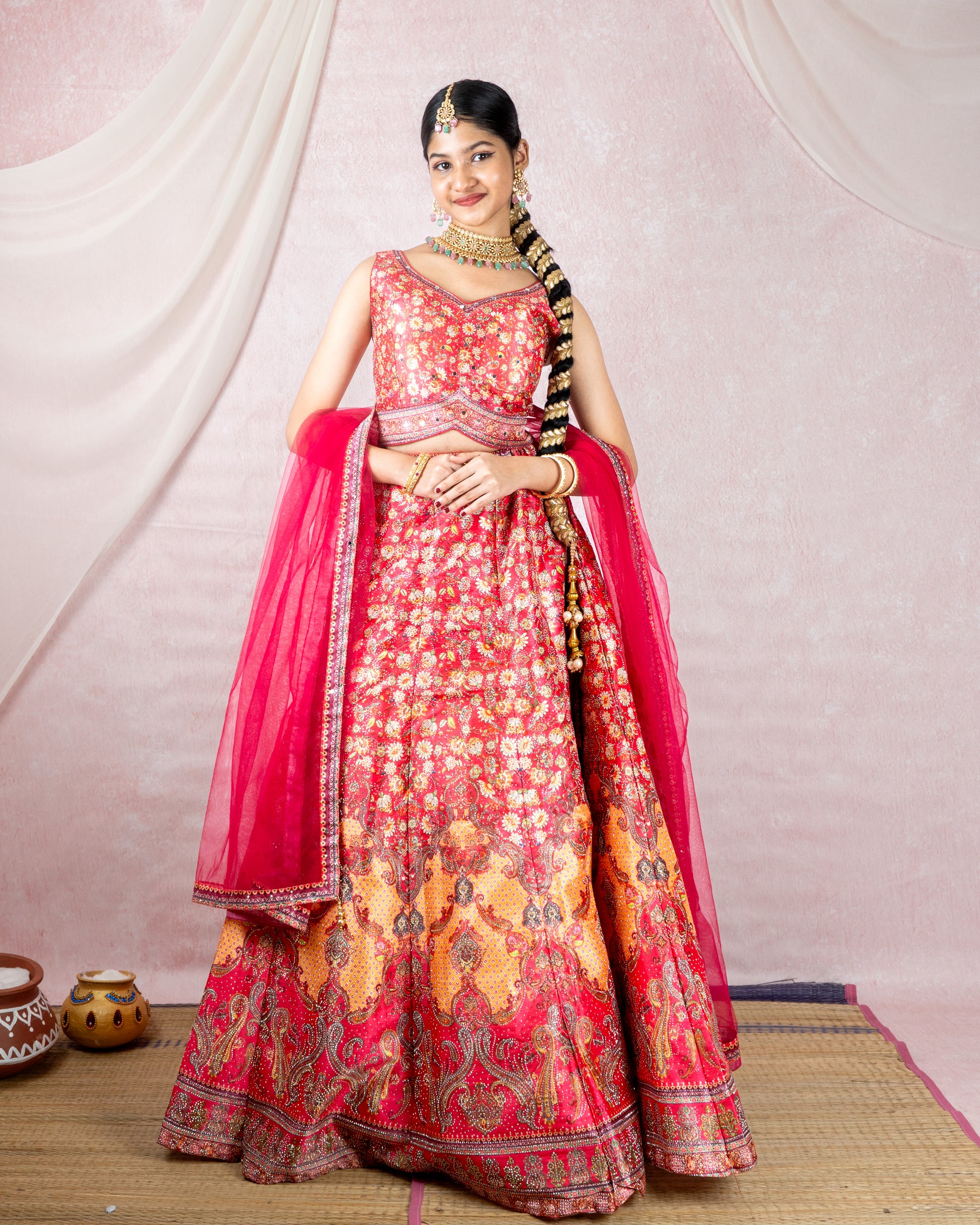 Radiant Red Floral Sequin Lehenga