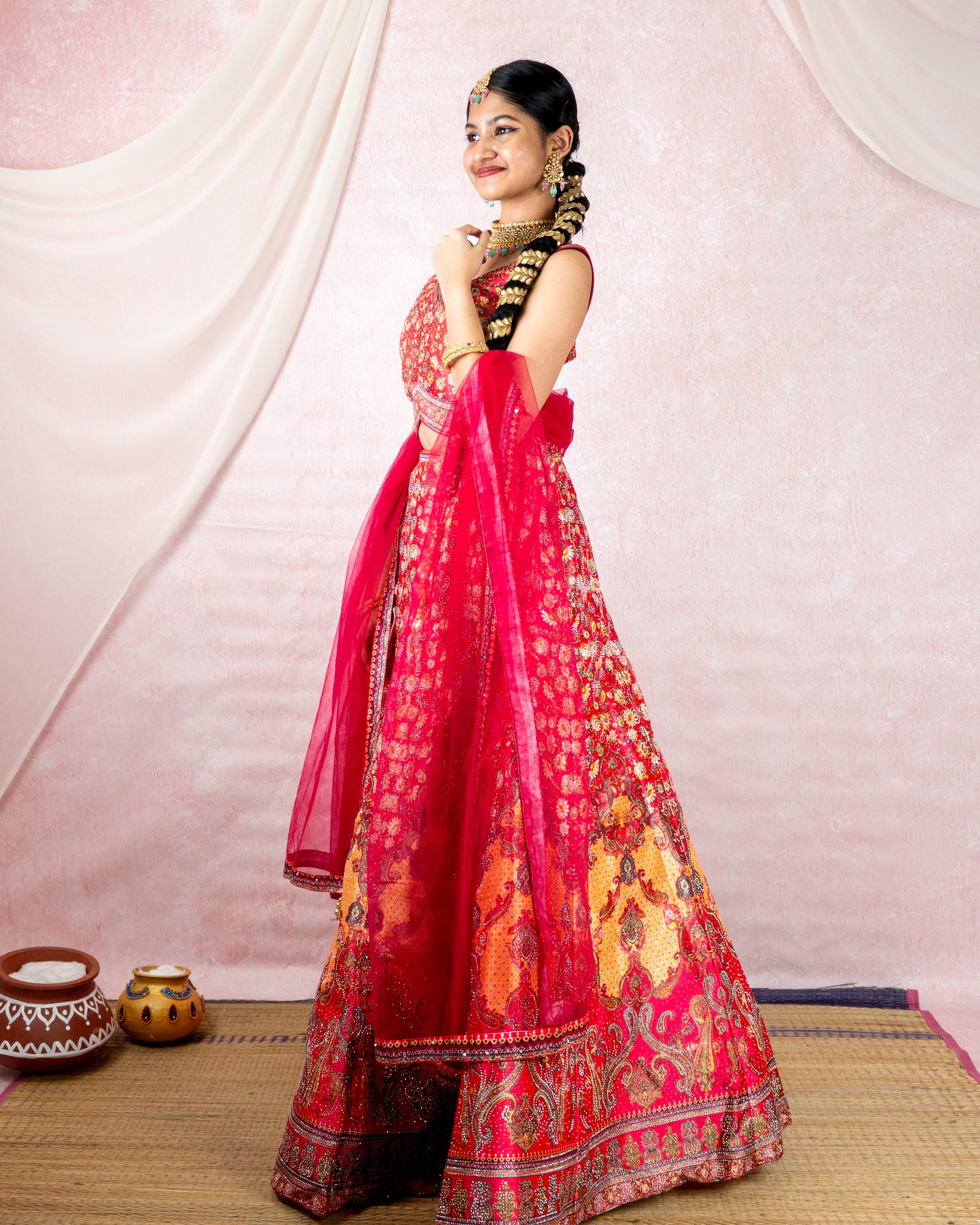 Radiant Red Floral Sequin Lehenga