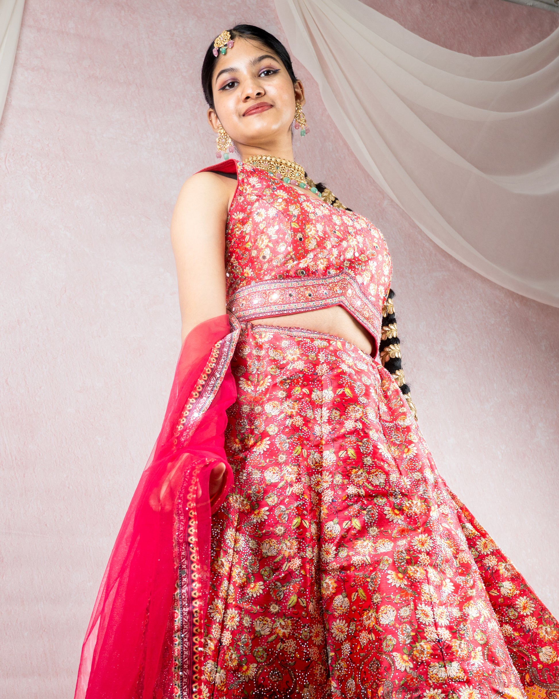 Radiant Red Floral Sequin Lehenga