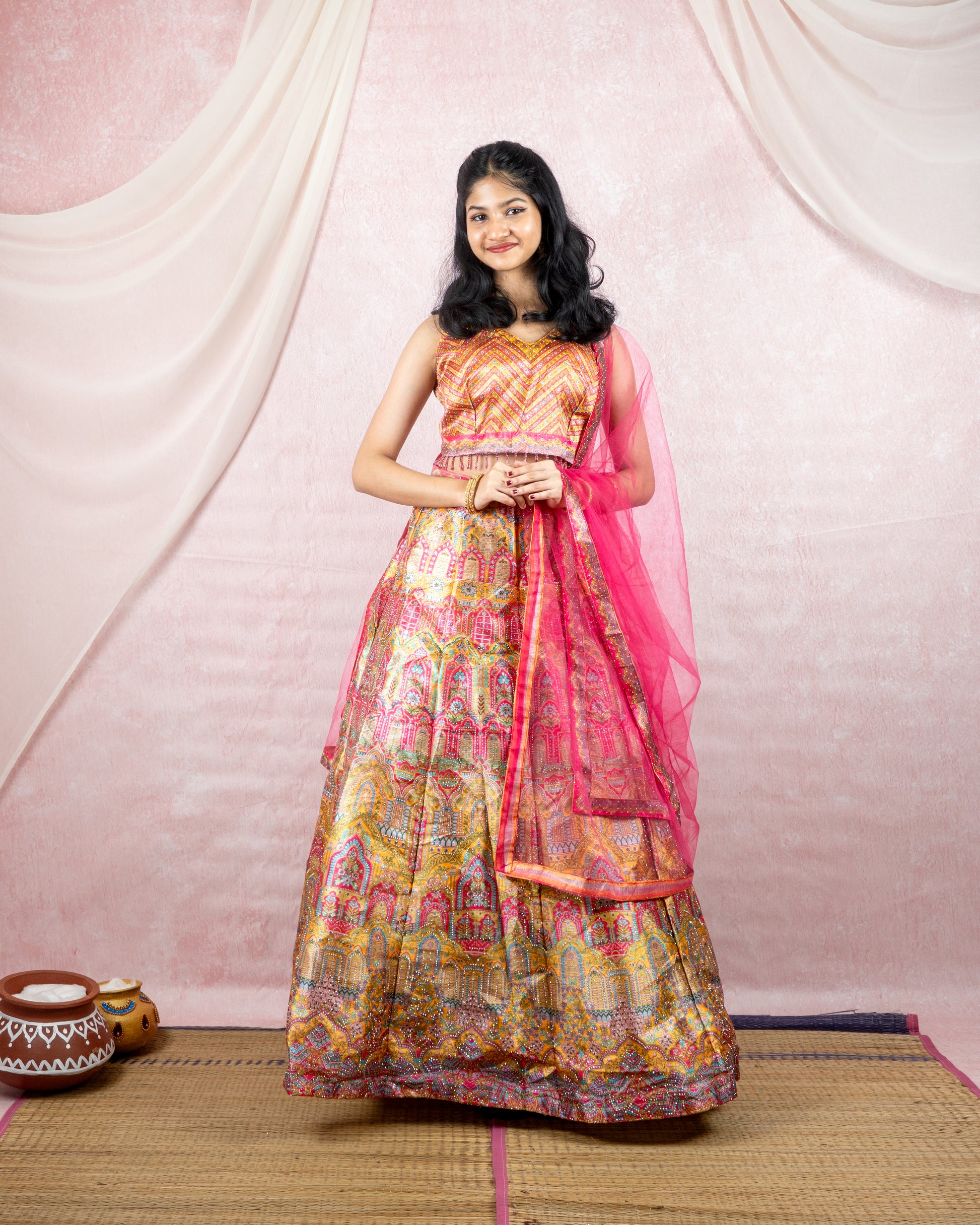 Festive Pink Palace Print Lehenga