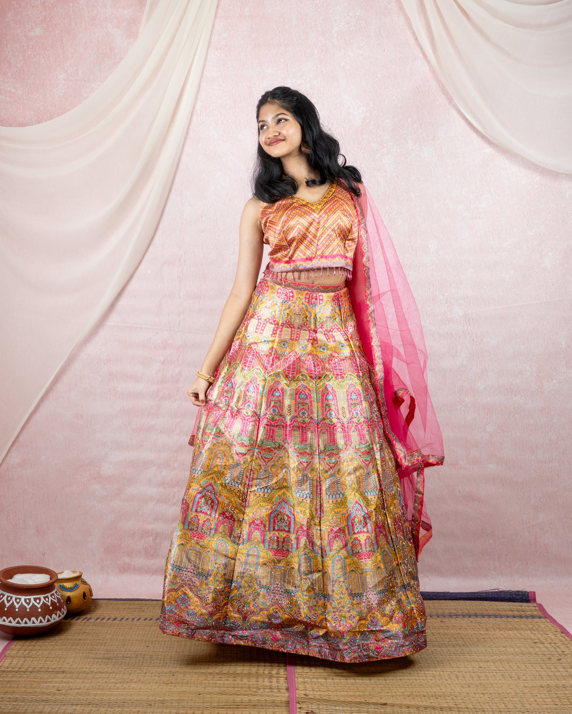 Festive Pink Palace Print Lehenga