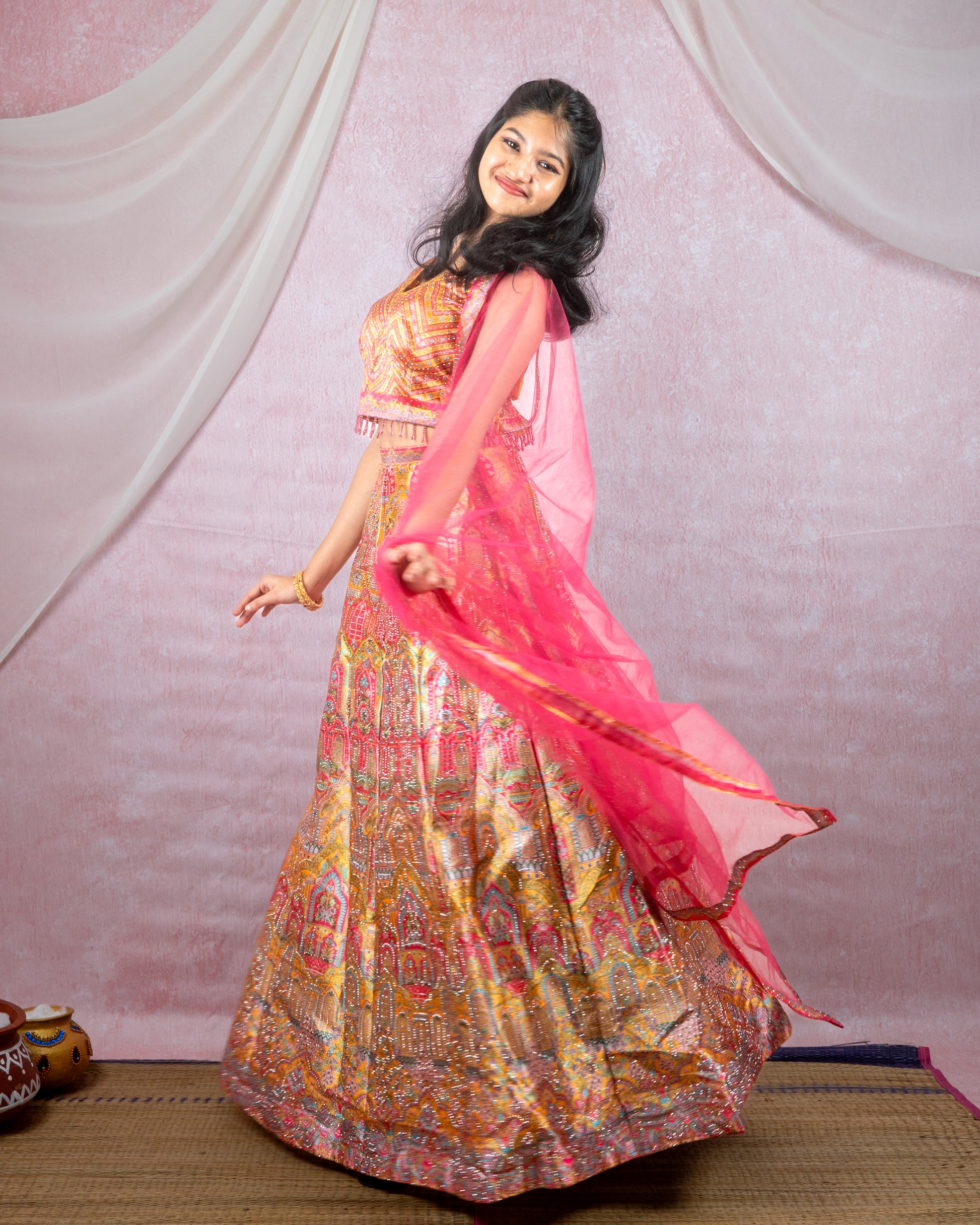 Festive Pink Palace Print Lehenga