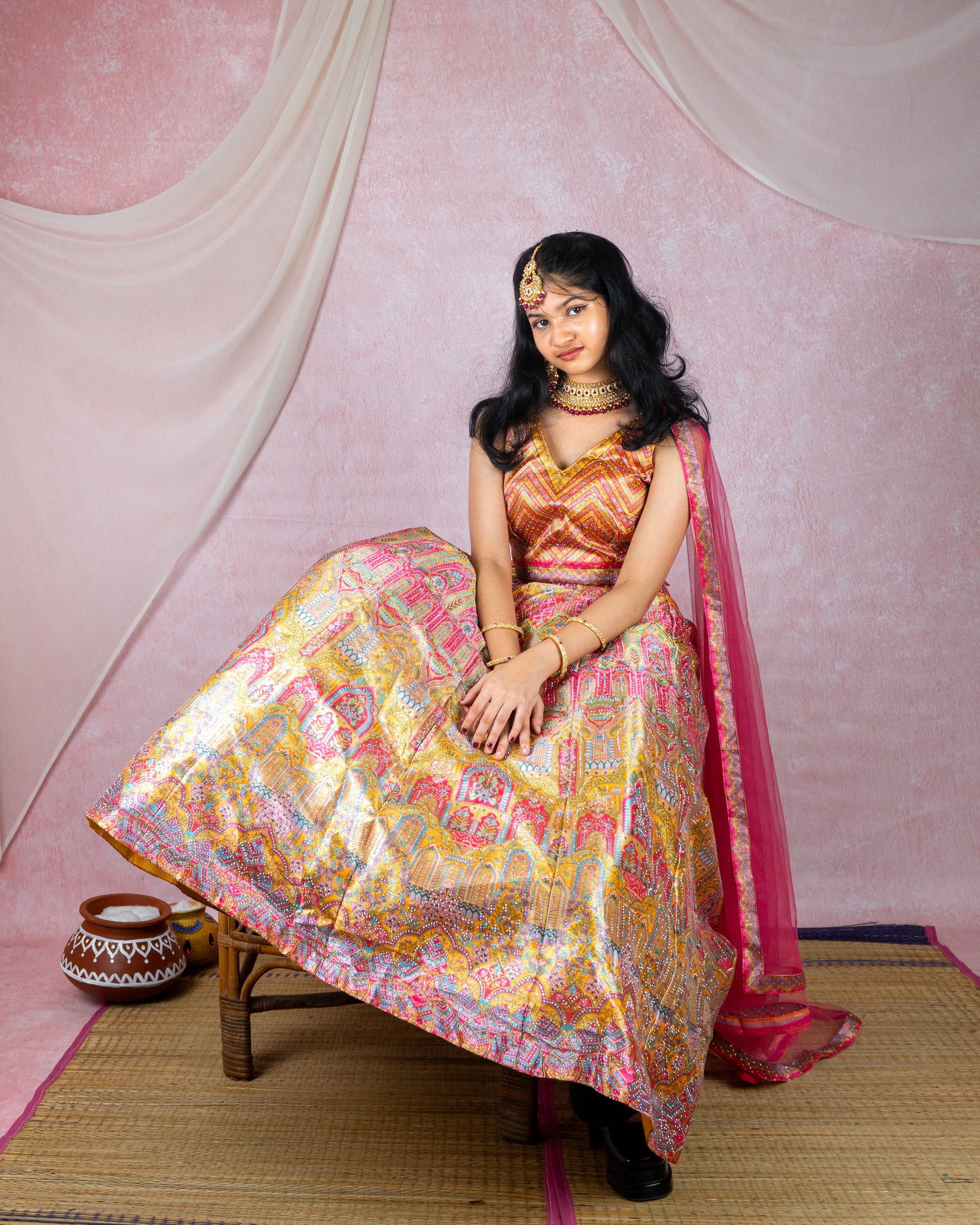 Festive Pink Palace Print Lehenga