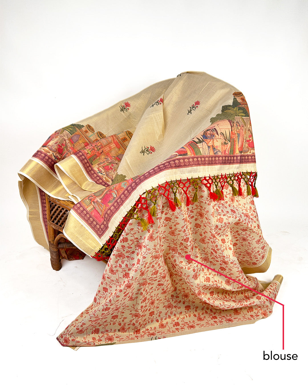Kasavu Saree with Mural-Inspired Village Print