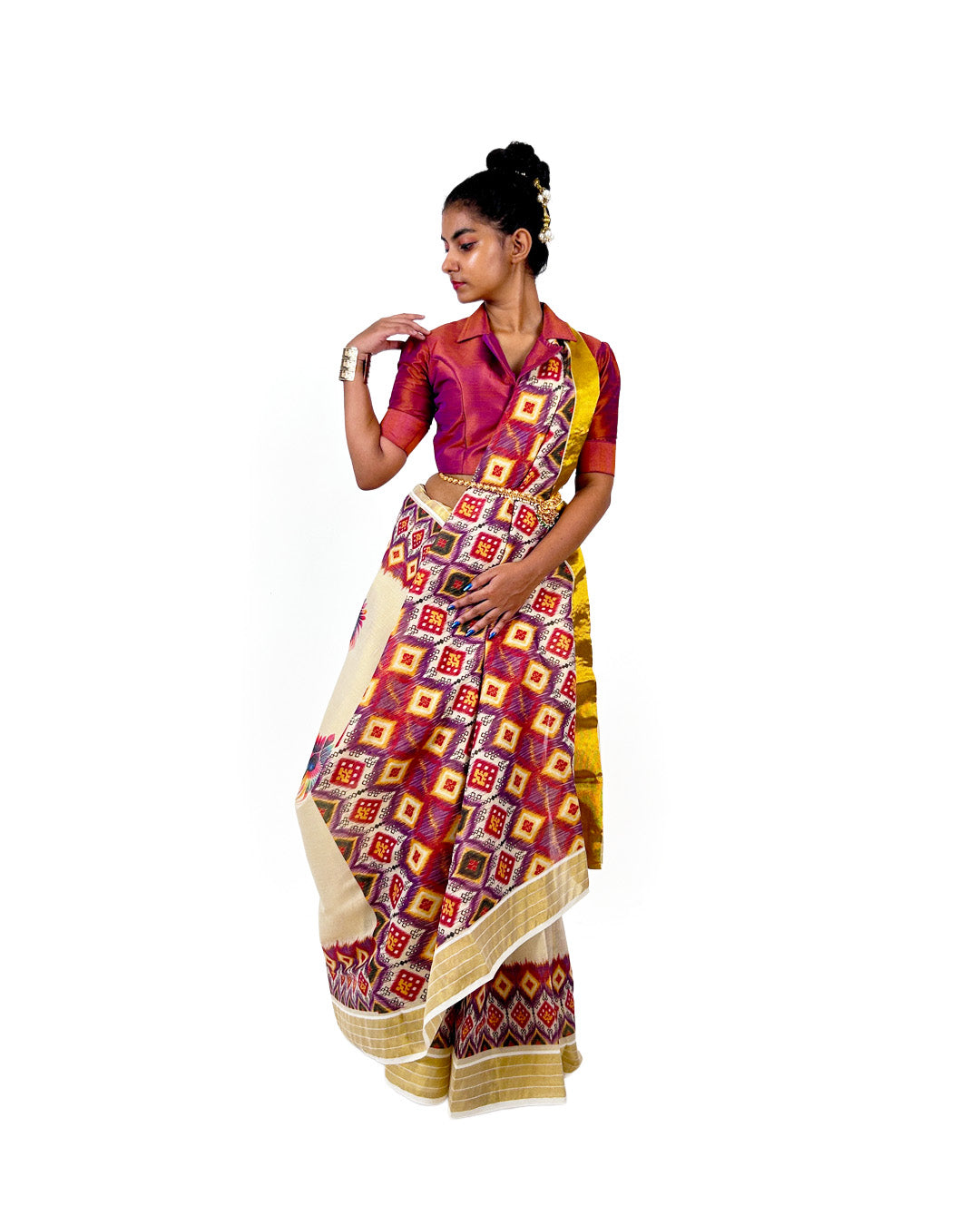 Kerala Kasavu Saree with Bold Ikat-Inspired Geometric Print