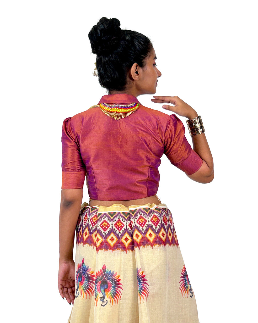 Kerala Kasavu Saree with Bold Ikat-Inspired Geometric Print