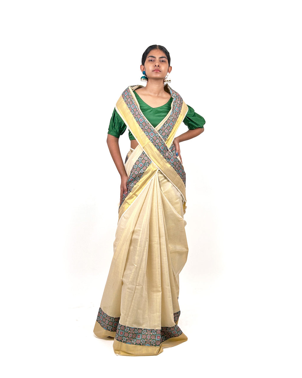 Kerala Kasavu Saree with Teal Ajrak-Inspired Border