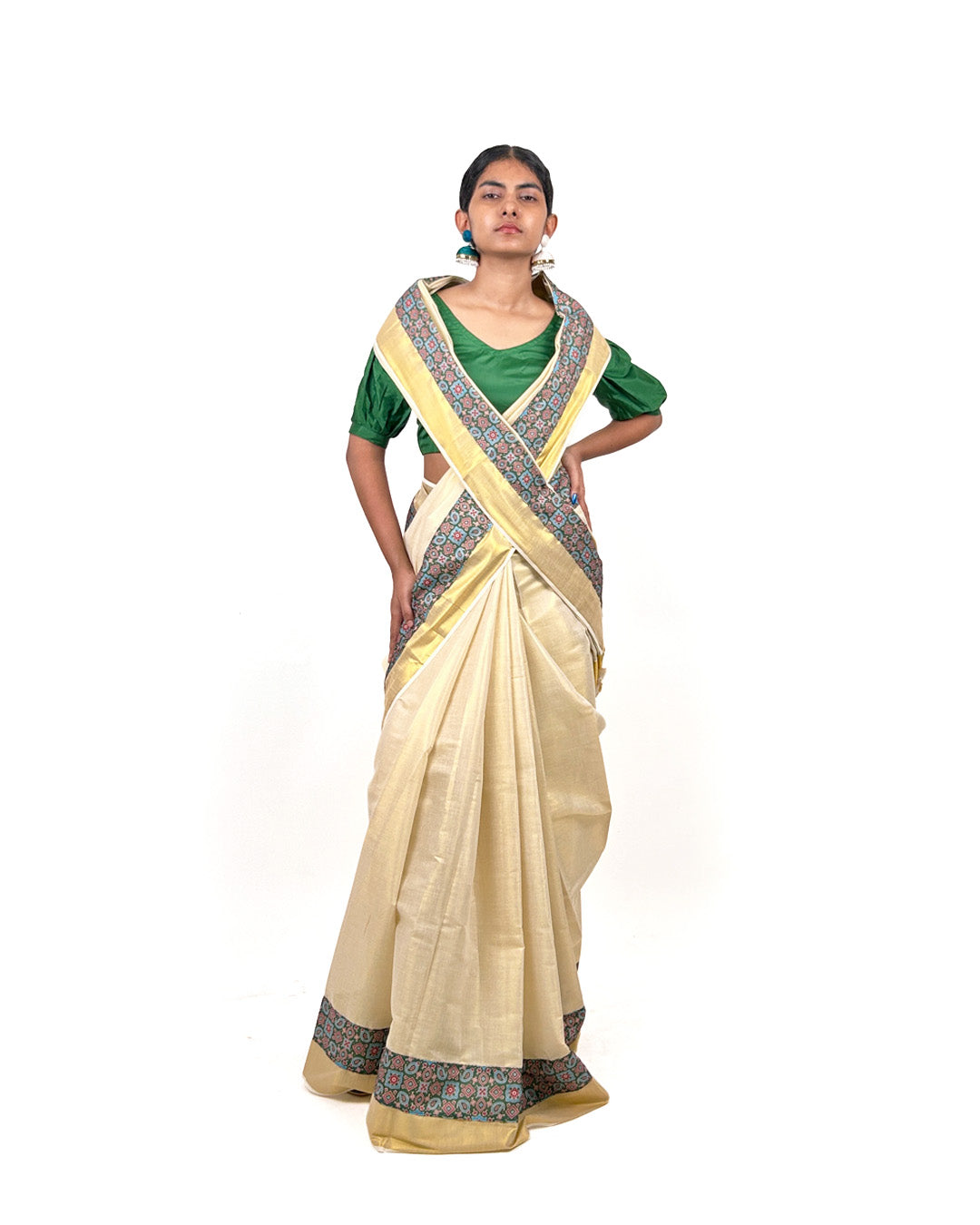Kerala Kasavu Saree with Teal Ajrak-Inspired Border