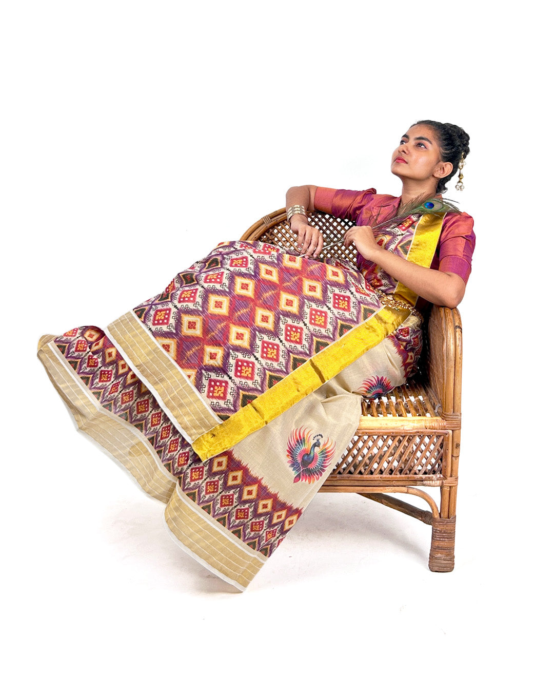 Kerala Kasavu Saree with Bold Ikat-Inspired Geometric Print