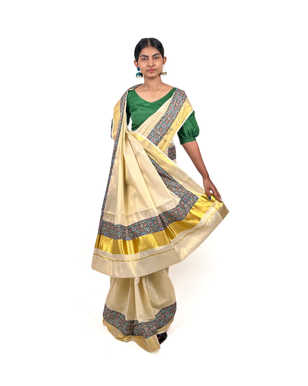 Kerala Kasavu Saree with Teal Ajrak-Inspired Border
