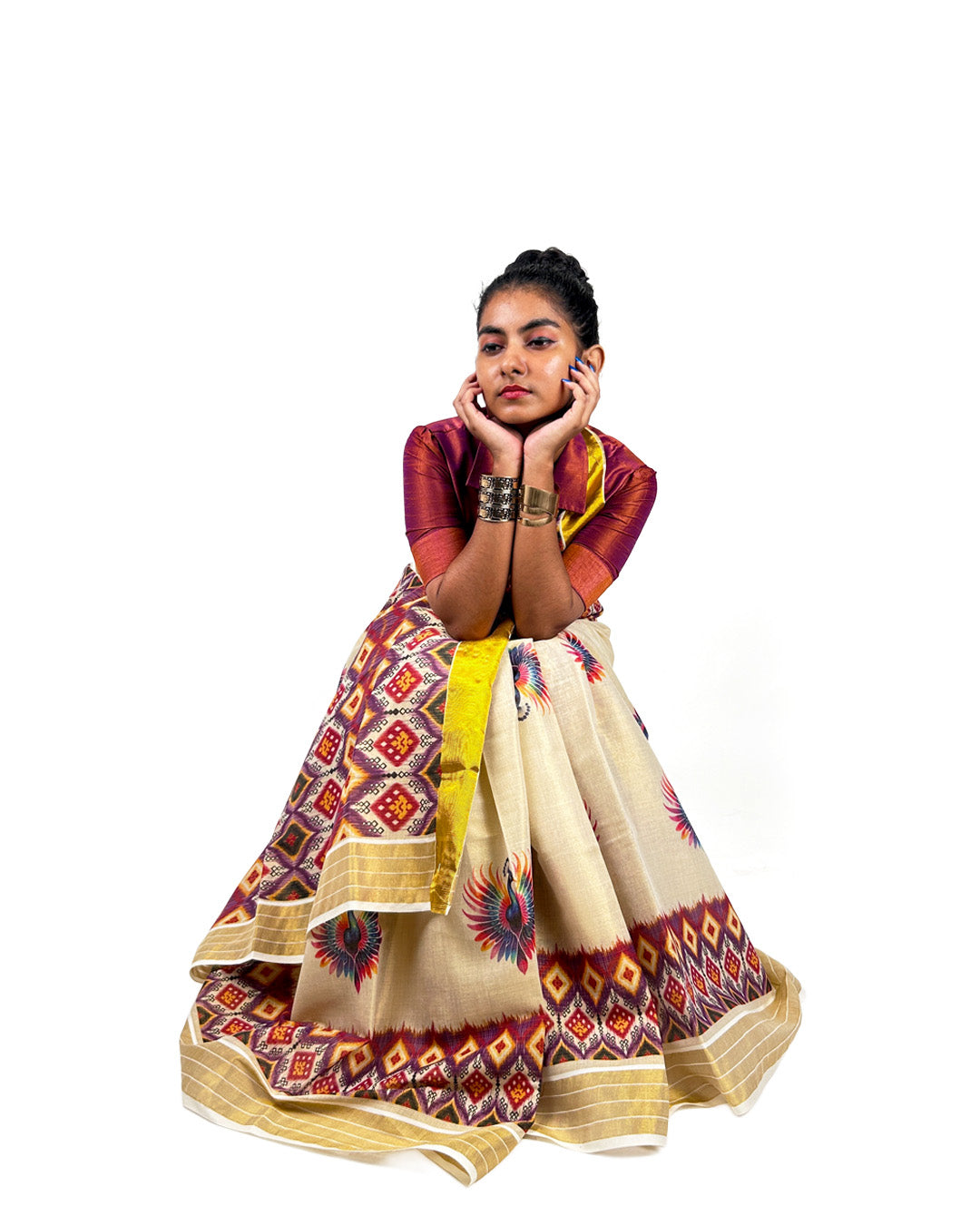 Kerala Kasavu Saree with Bold Ikat-Inspired Geometric Print
