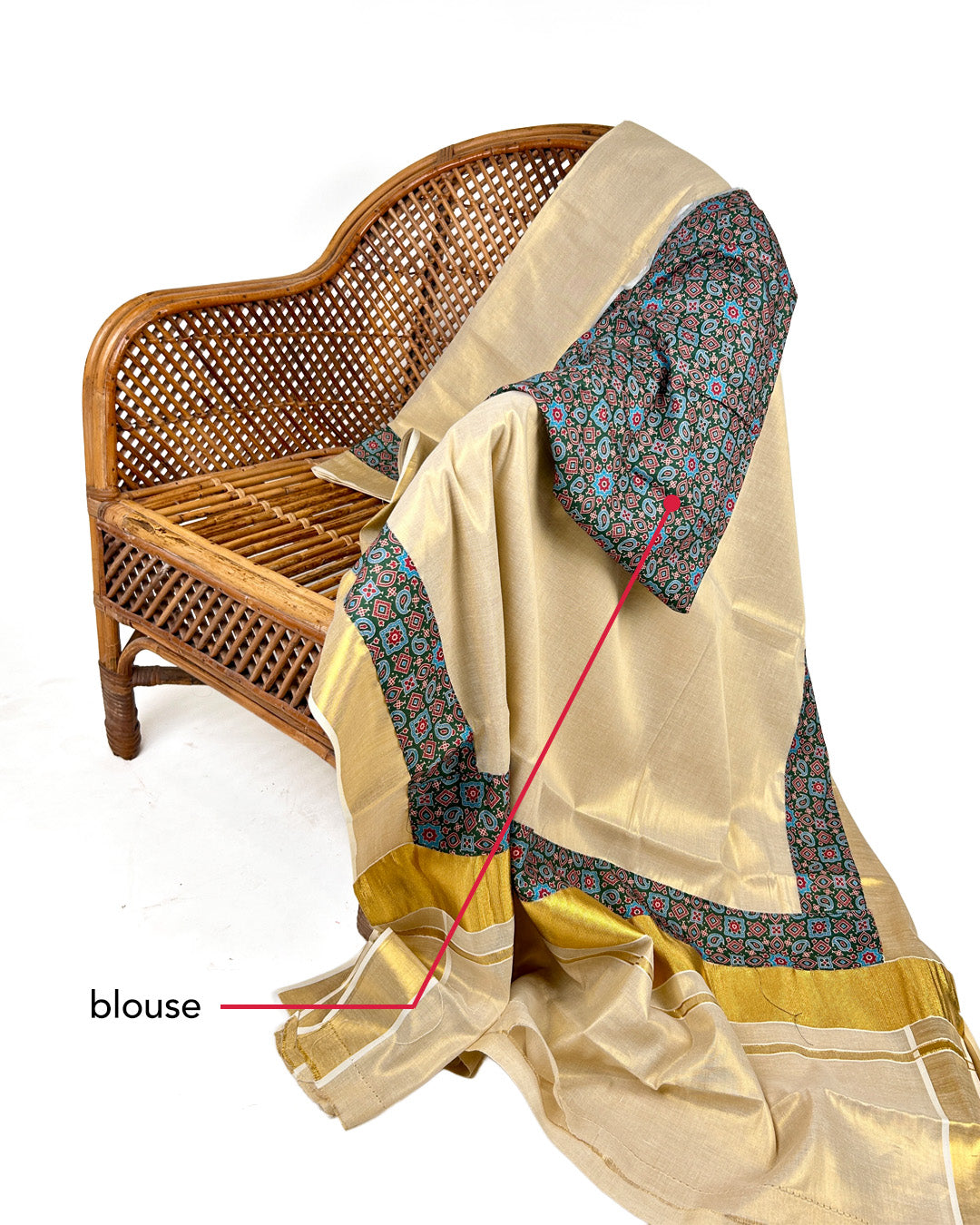 Kerala Kasavu Saree with Teal Ajrak-Inspired Border