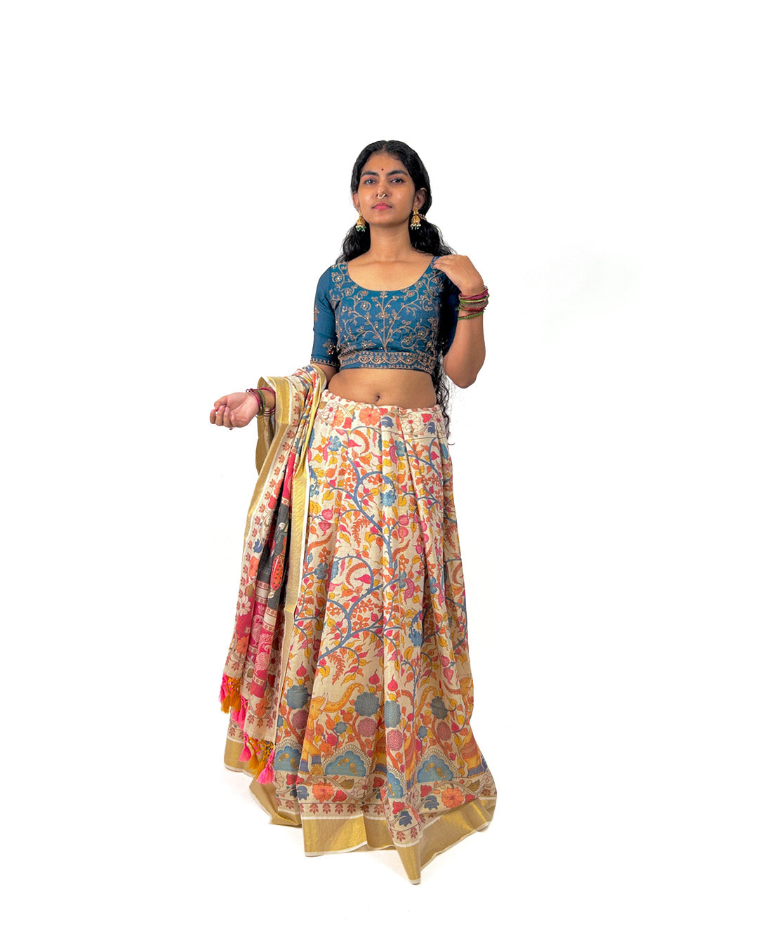 Kalamkari-Style Kerala Kasavu Saree – Cream Cotton Saree with Mythical Print