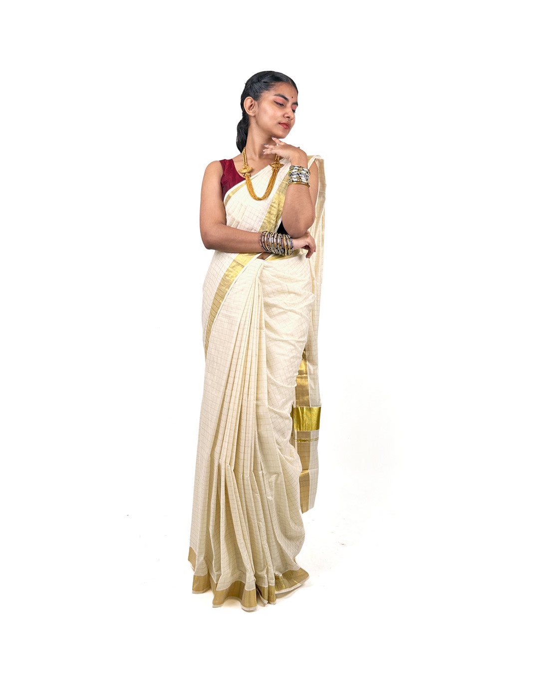 Kerala Kasavu Saree with Gold Zari Border – Checked Cotton Saree