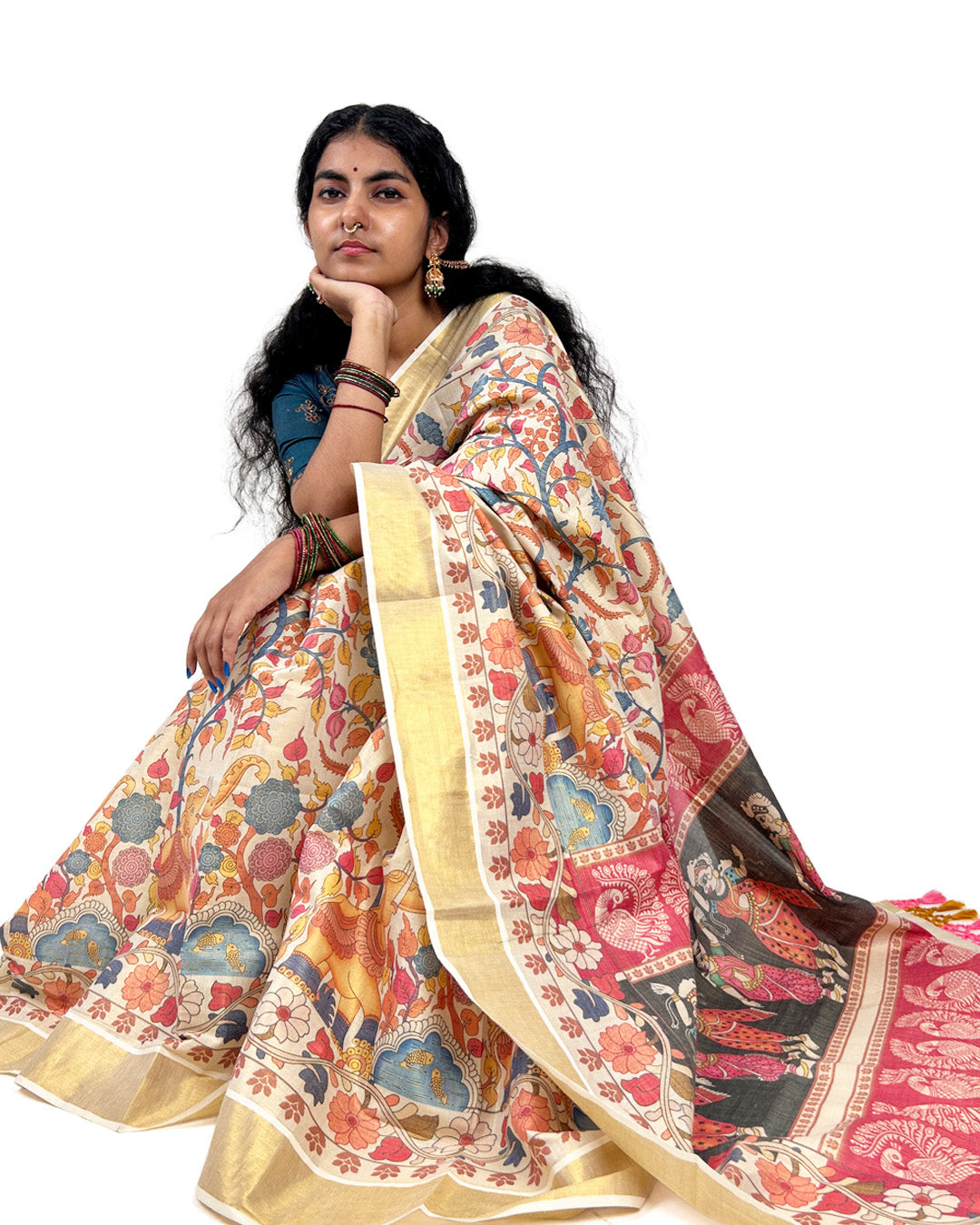 Kalamkari-Style Kerala Kasavu Saree – Cream Cotton Saree with Mythical Print