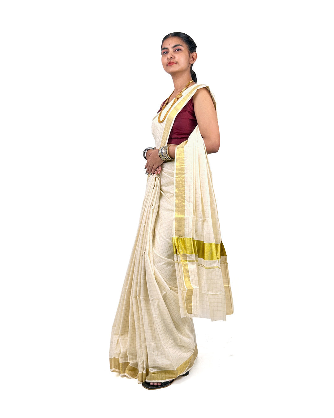 Kerala Kasavu Saree with Gold Zari Border – Checked Cotton Saree