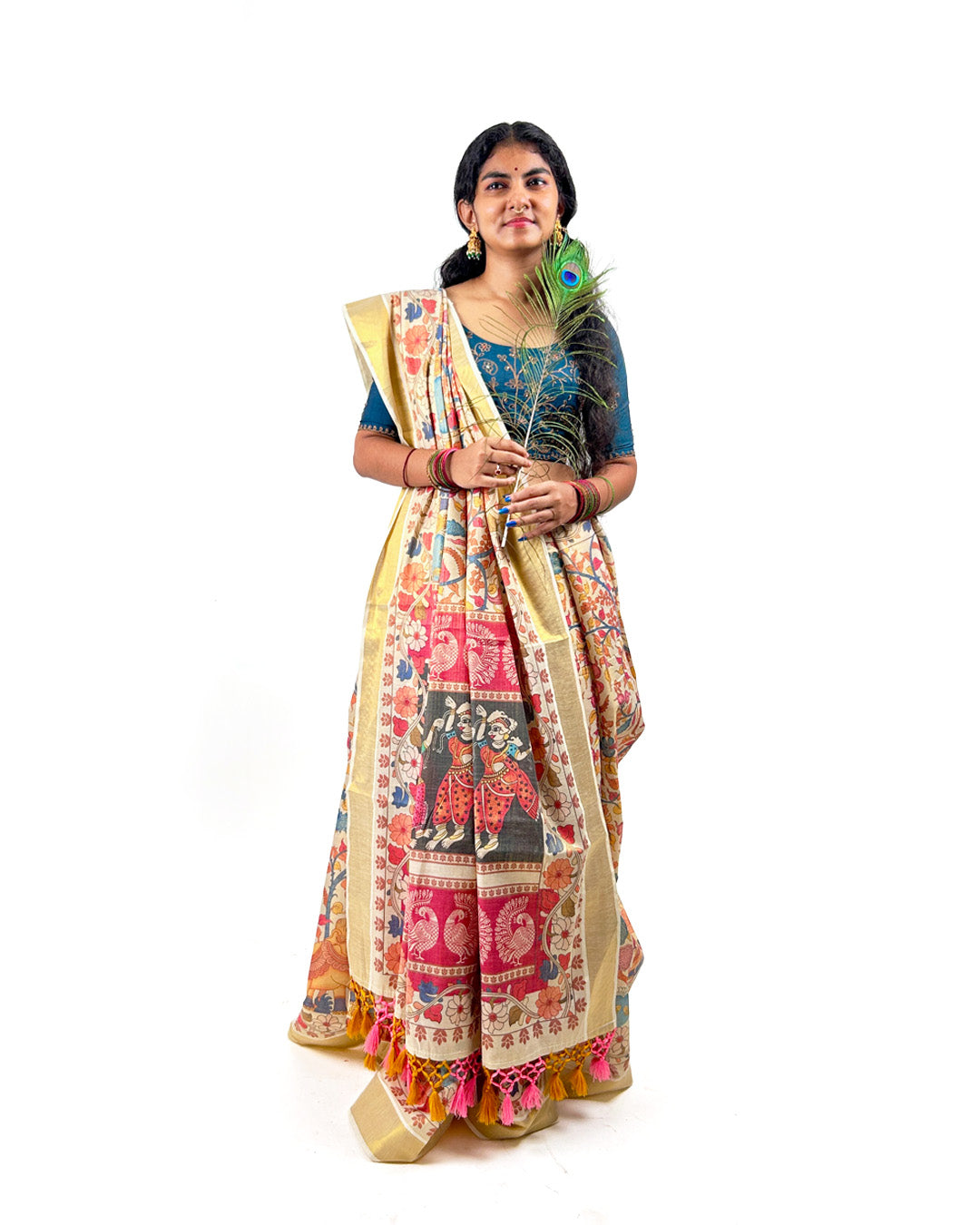 Kalamkari-Style Kerala Kasavu Saree – Cream Cotton Saree with Mythical Print