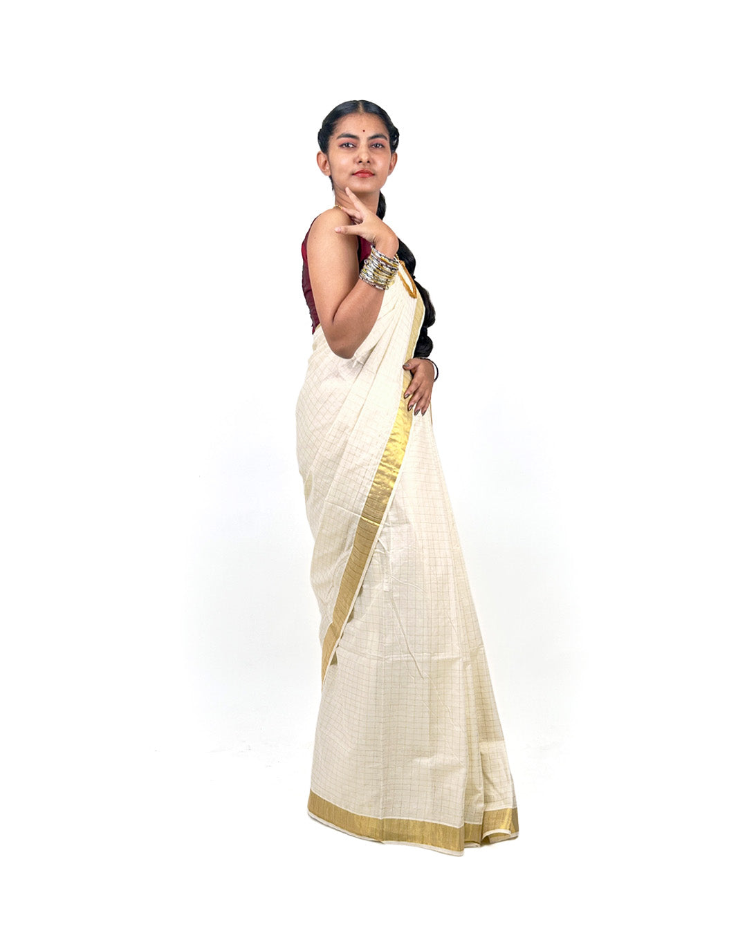Kerala Kasavu Saree with Gold Zari Border – Checked Cotton Saree