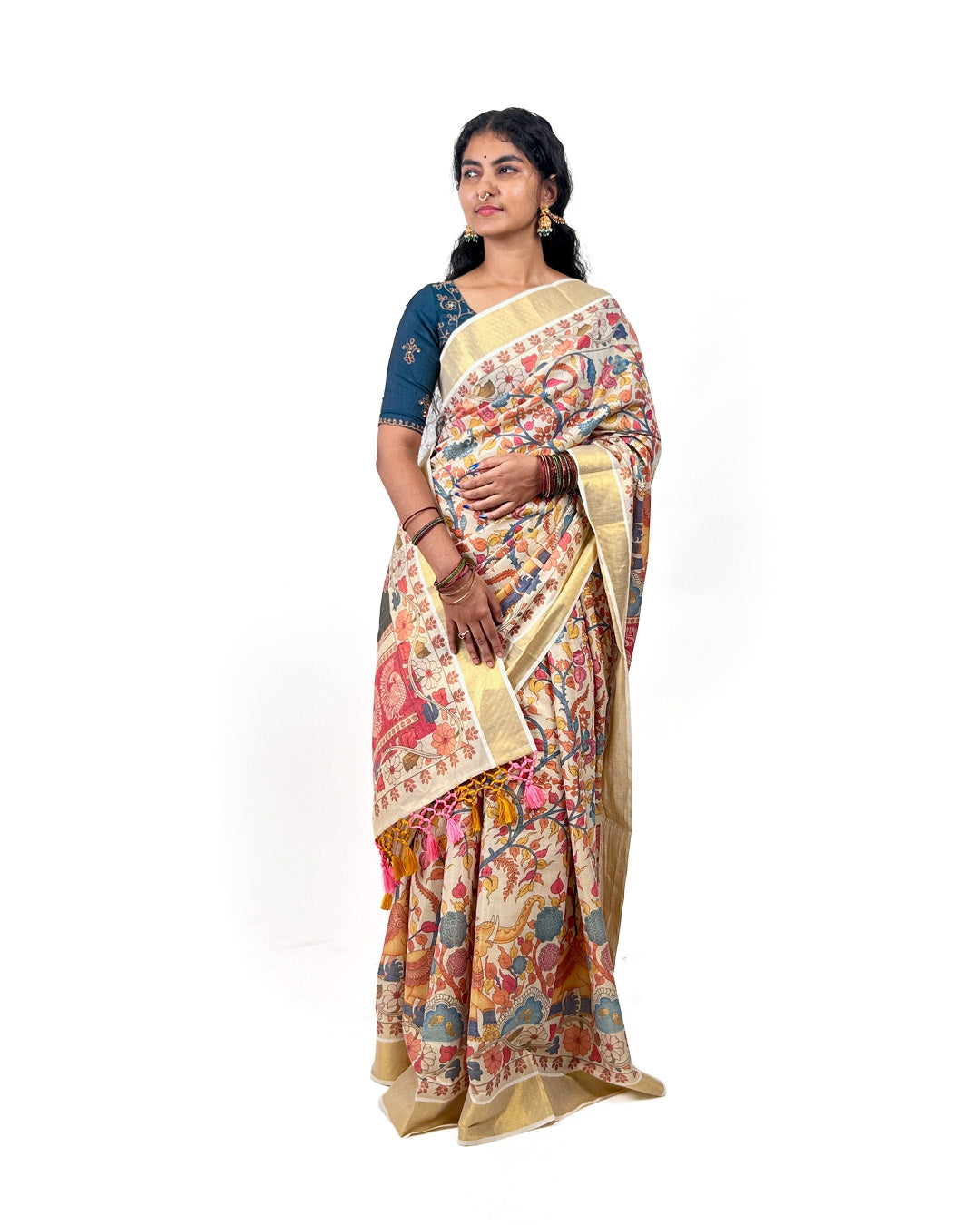Kalamkari-Style Kerala Kasavu Saree – Cream Cotton Saree with Mythical Print