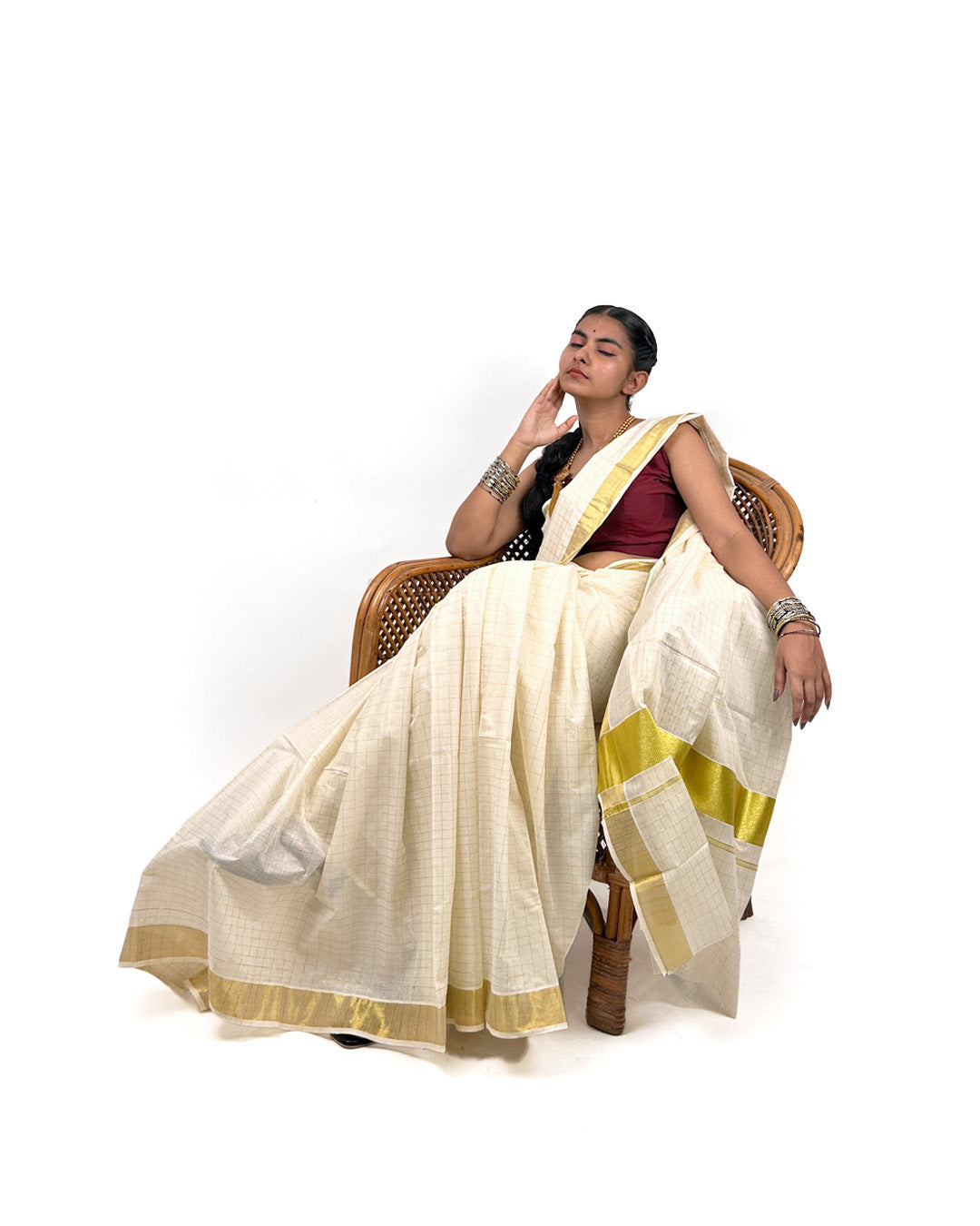 Kerala Kasavu Saree with Gold Zari Border – Checked Cotton Saree