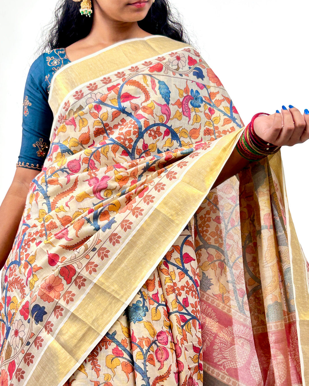 Kalamkari-Style Kerala Kasavu Saree – Cream Cotton Saree with Mythical Print