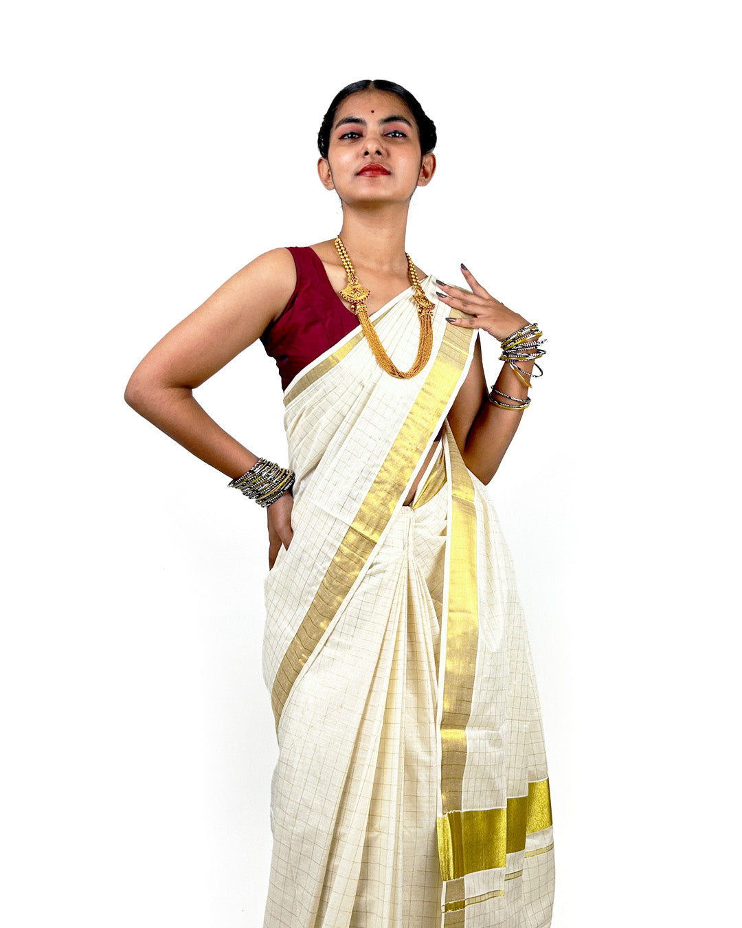 Kerala Kasavu Saree with Gold Zari Border – Checked Cotton Saree
