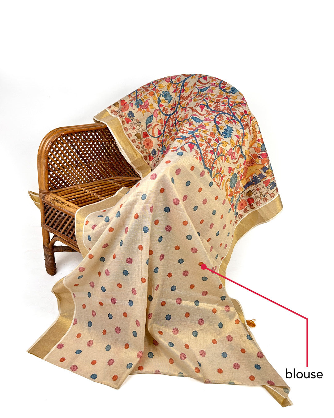 Kalamkari-Style Kerala Kasavu Saree – Cream Cotton Saree with Mythical Print