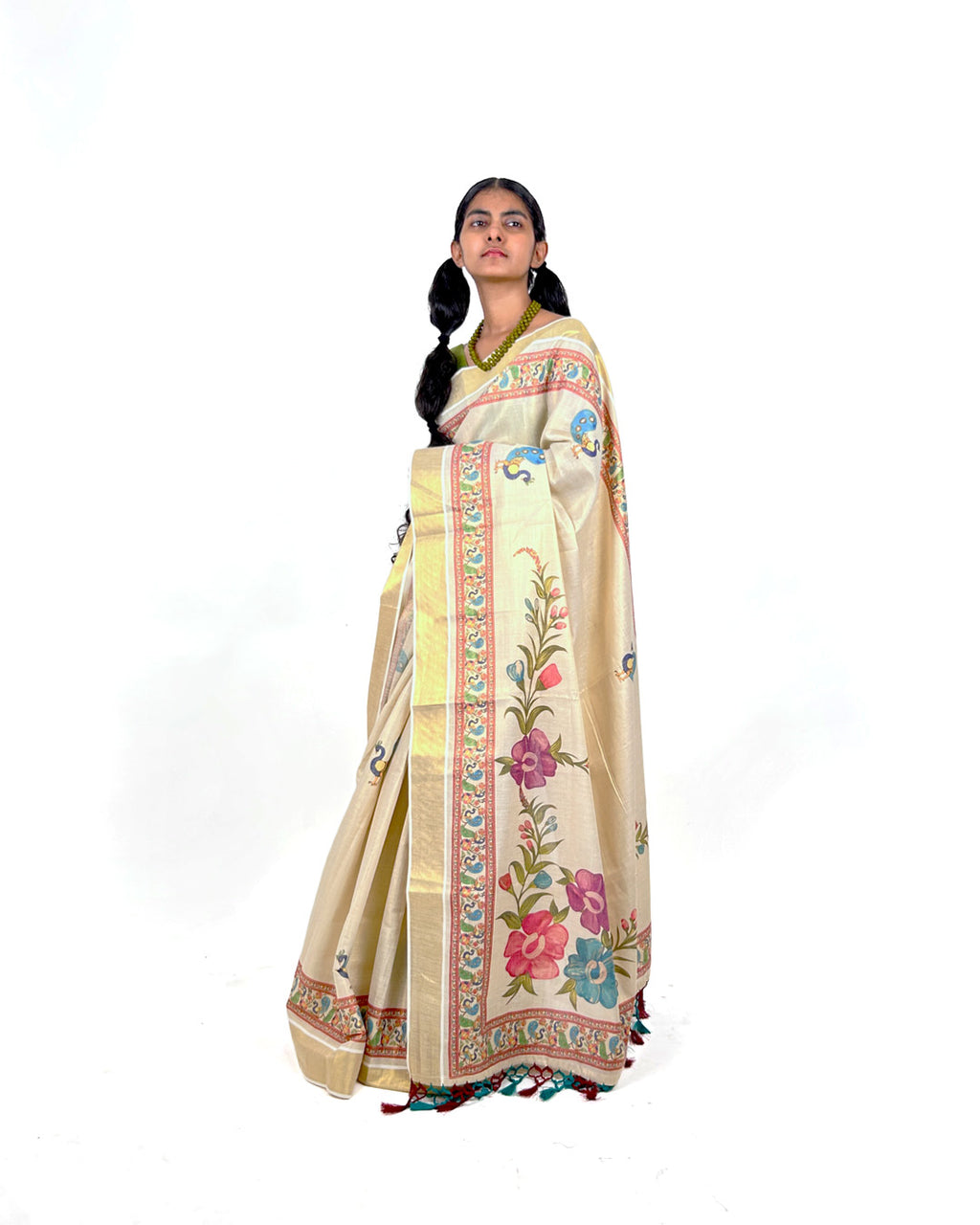 Kerala Kasavu Saree with Floral Border and Tassels