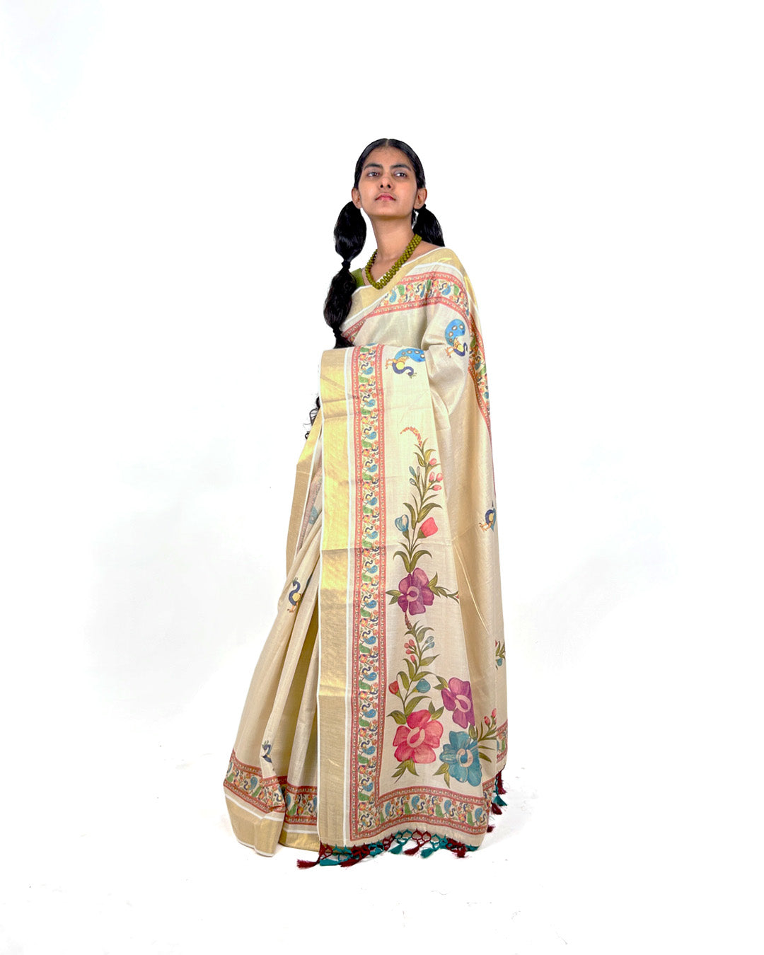 Kerala Kasavu Saree with Floral Border and Tassels