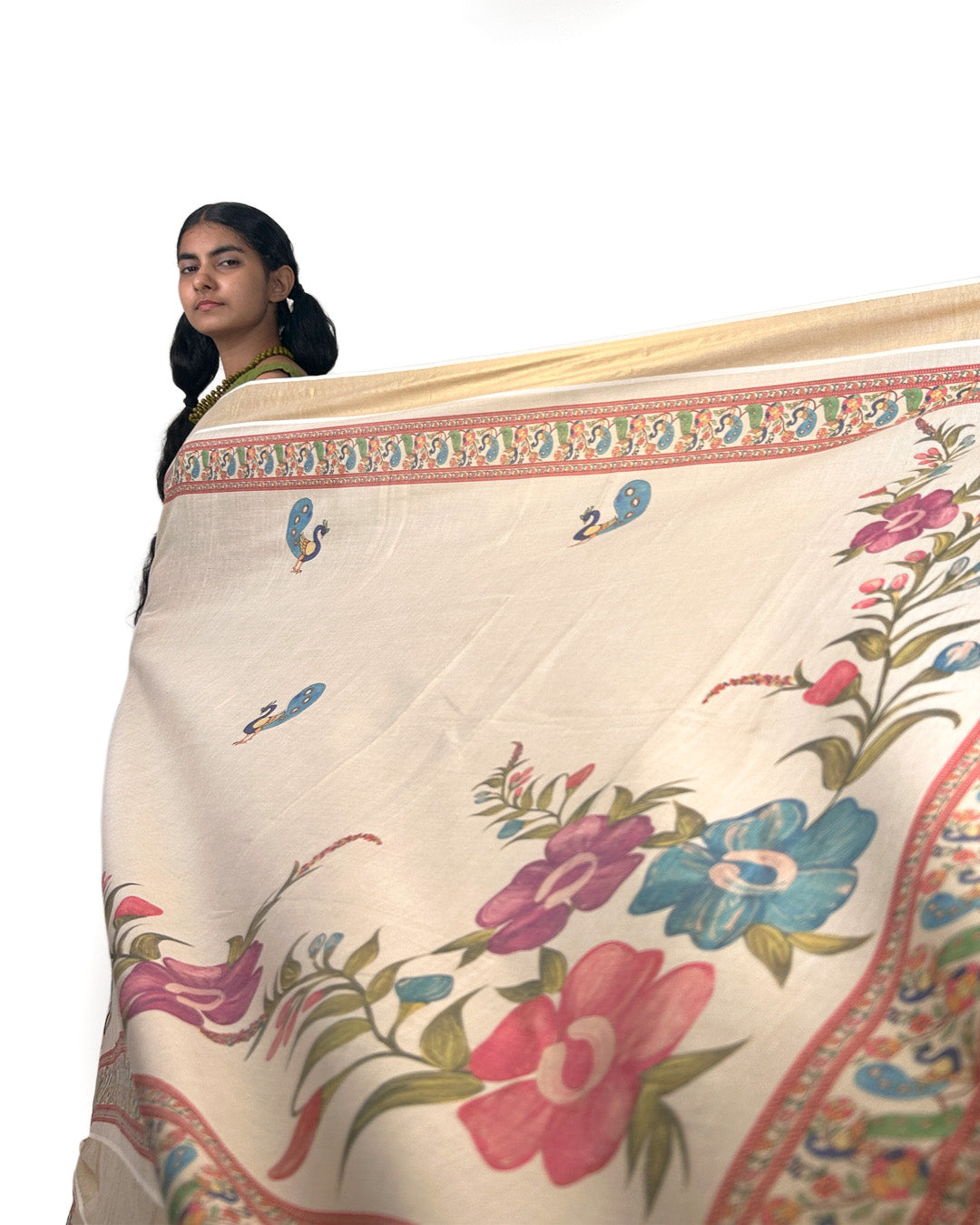 Kerala Kasavu Saree with Floral Border and Tassels