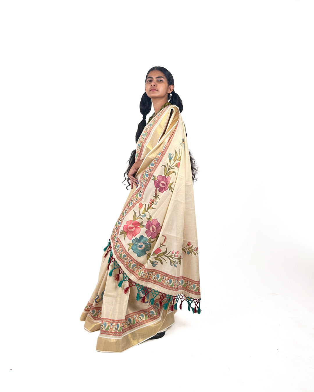 Kerala Kasavu Saree with Floral Border and Tassels