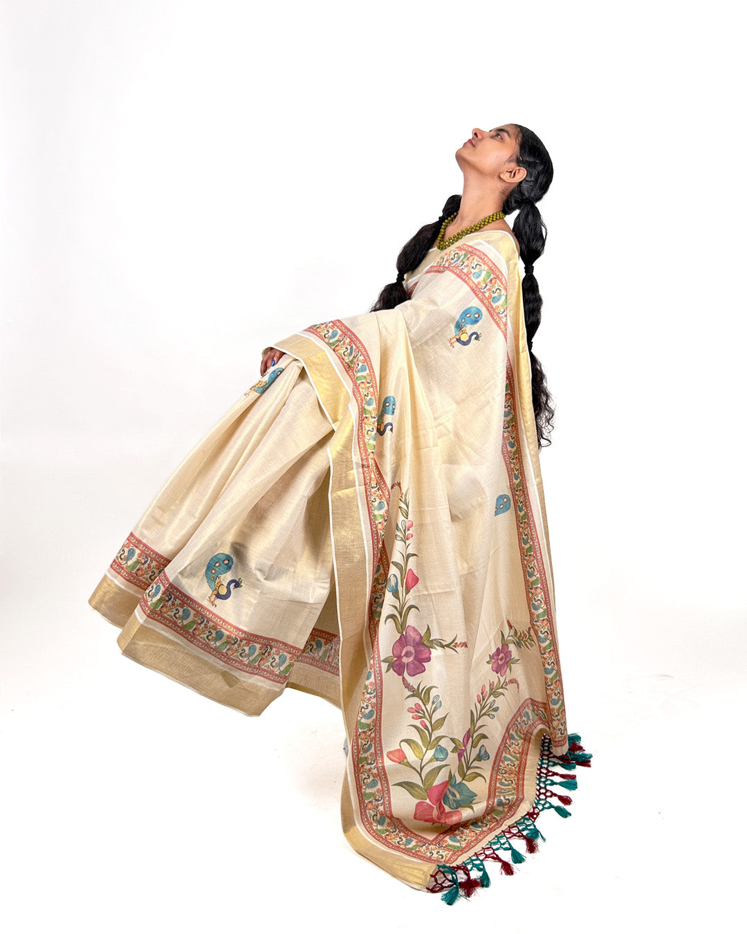 Kerala Kasavu Saree with Floral Border and Tassels