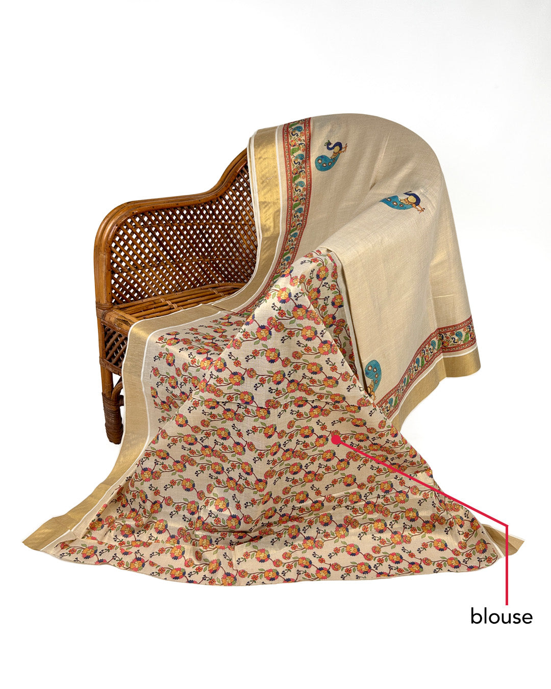Kerala Kasavu Saree with Floral Border and Tassels