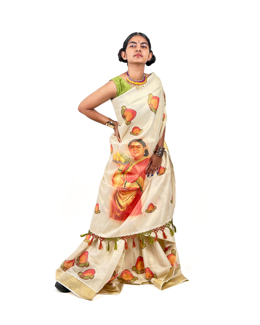 Statement Kerala Kasavu Saree with Mango Motifs & Vintage Lady Print – Quirky Kasavu Saree
