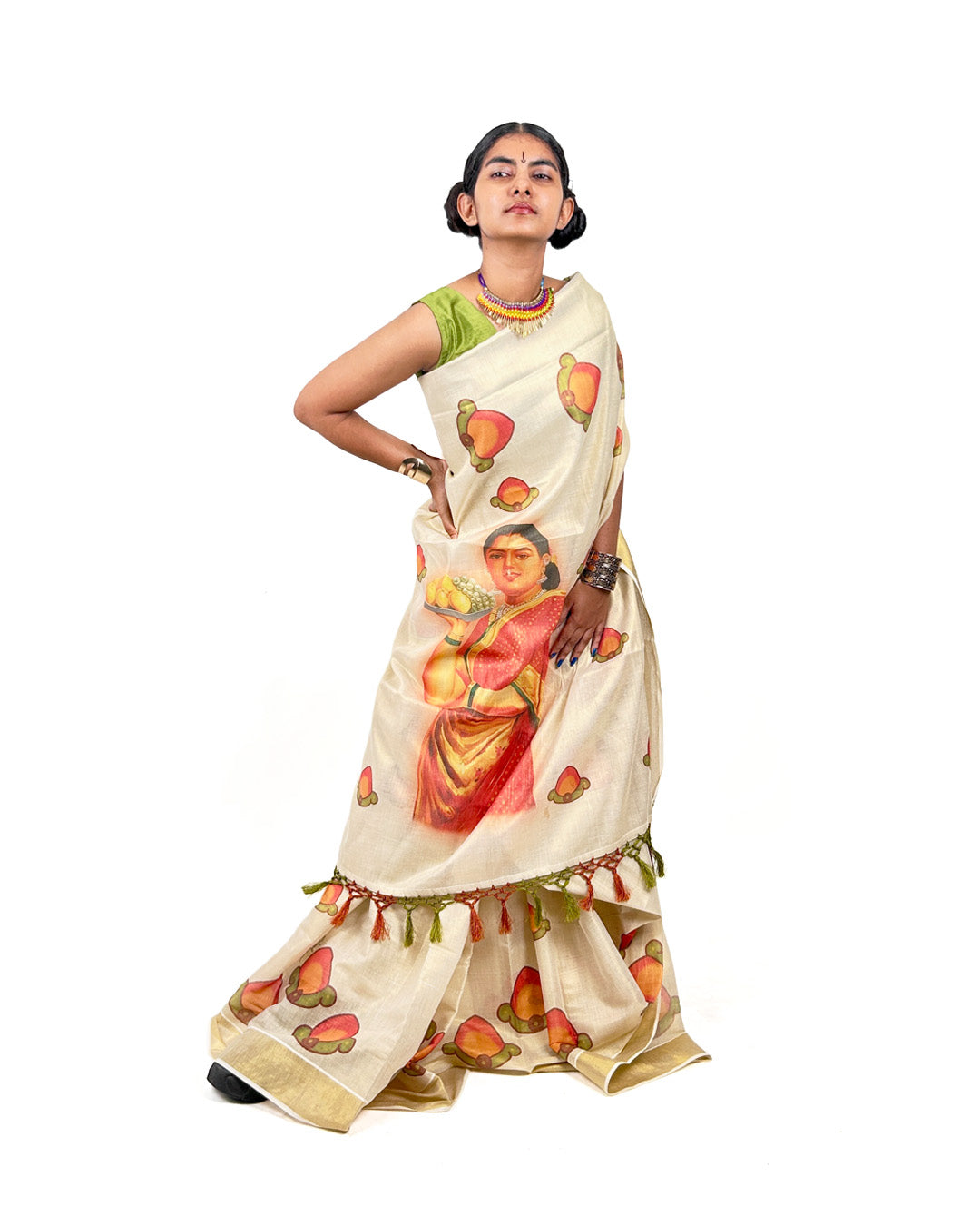 Statement Kerala Kasavu Saree with Mango Motifs & Vintage Lady Print – Quirky Kasavu Saree