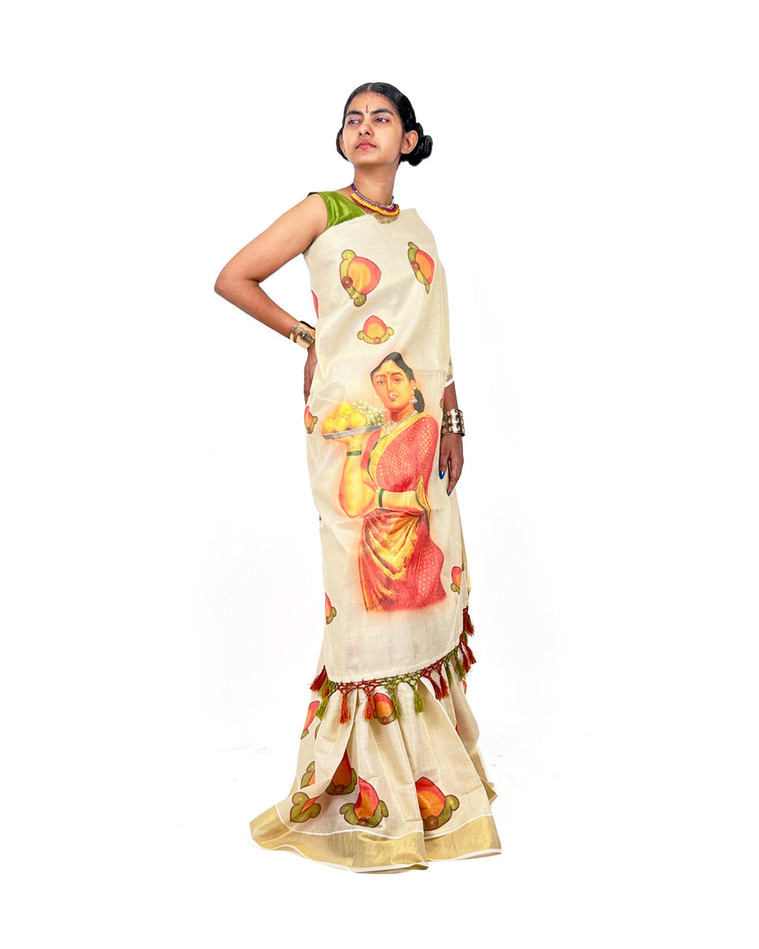Statement Kerala Kasavu Saree with Mango Motifs & Vintage Lady Print – Quirky Kasavu Saree
