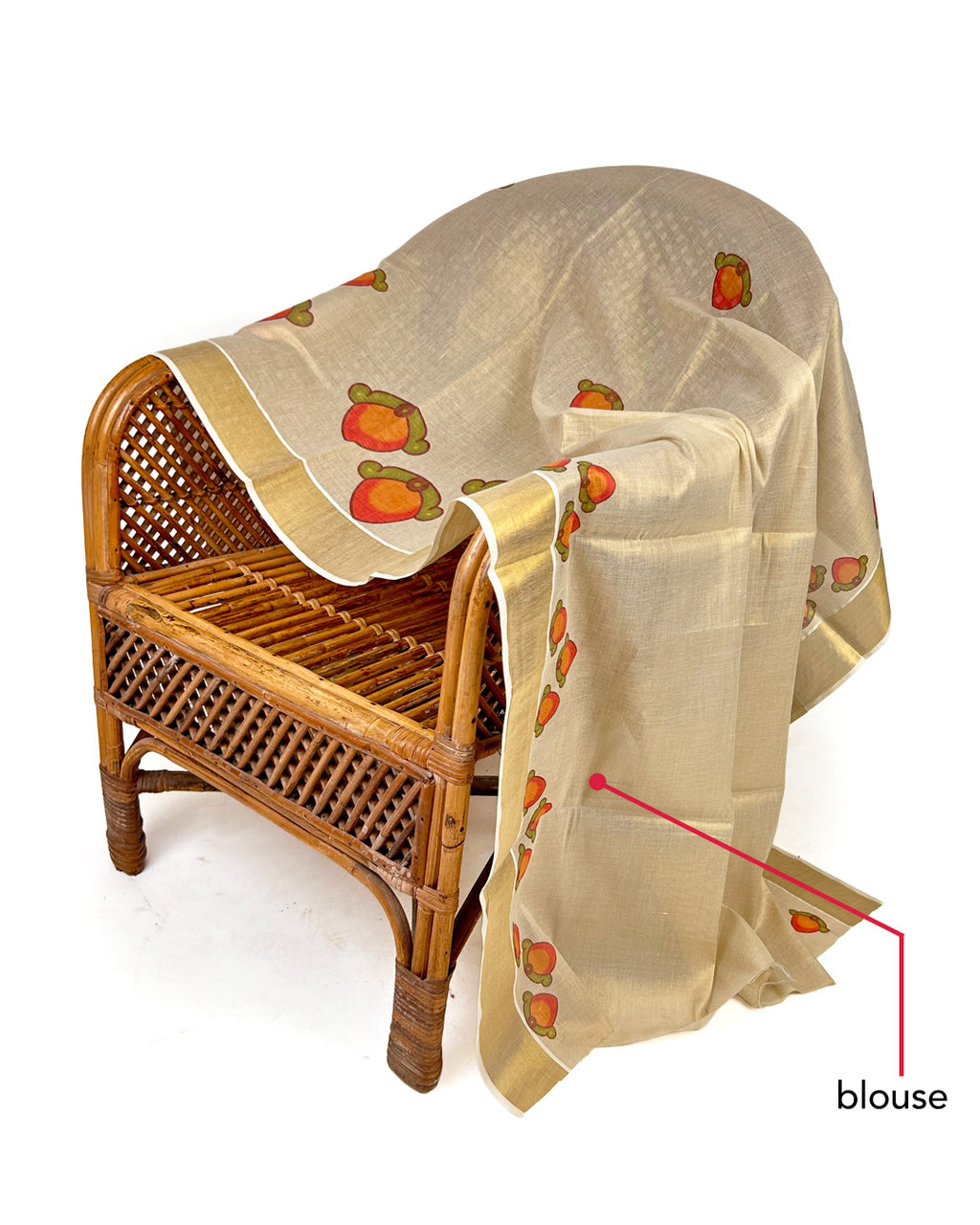 Statement Kerala Kasavu Saree with Mango Motifs & Vintage Lady Print – Quirky Kasavu Saree