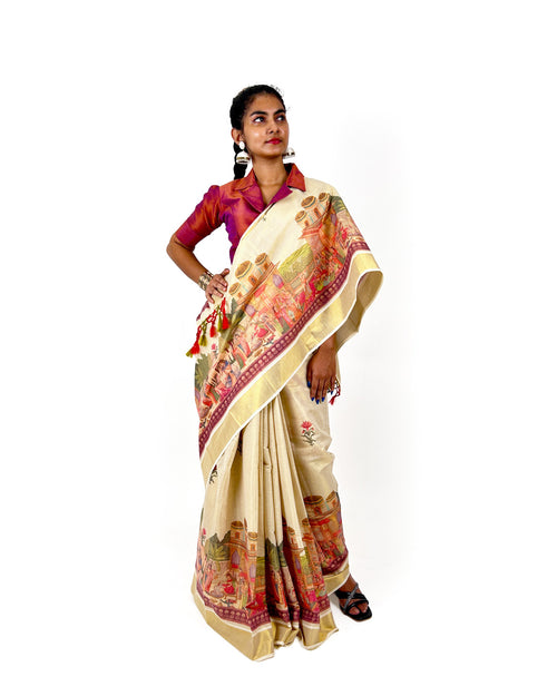Kasavu Saree with Mural-Inspired Village Print