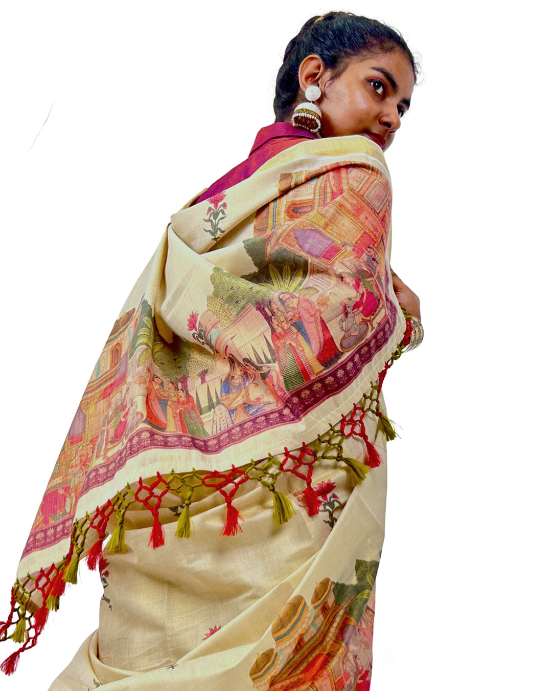 Kasavu Saree with Mural-Inspired Village Print