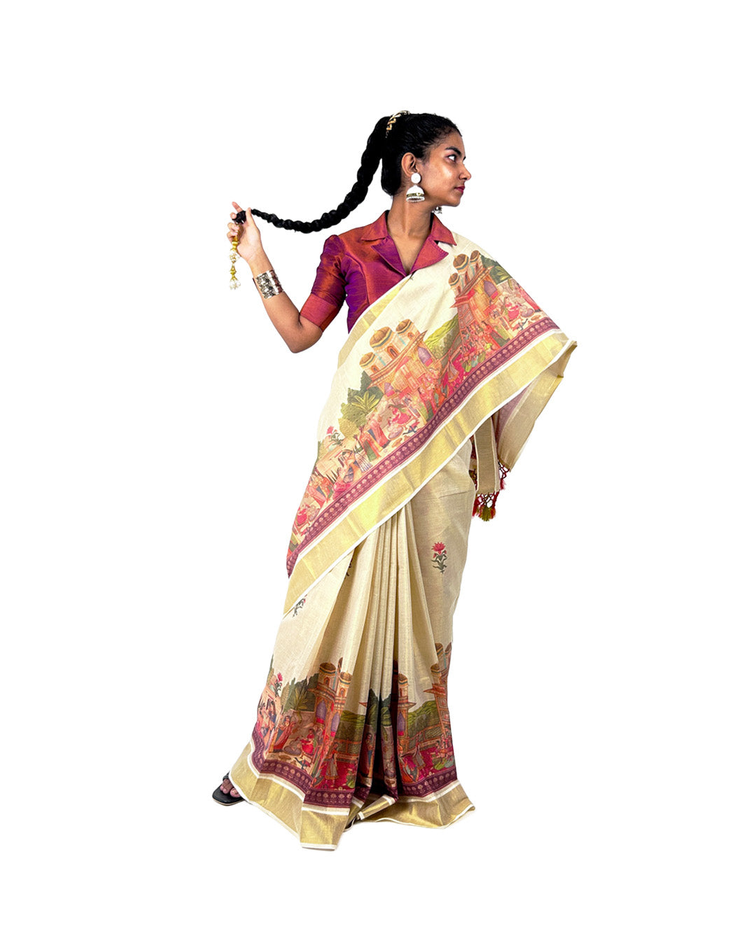 Kasavu Saree with Mural-Inspired Village Print