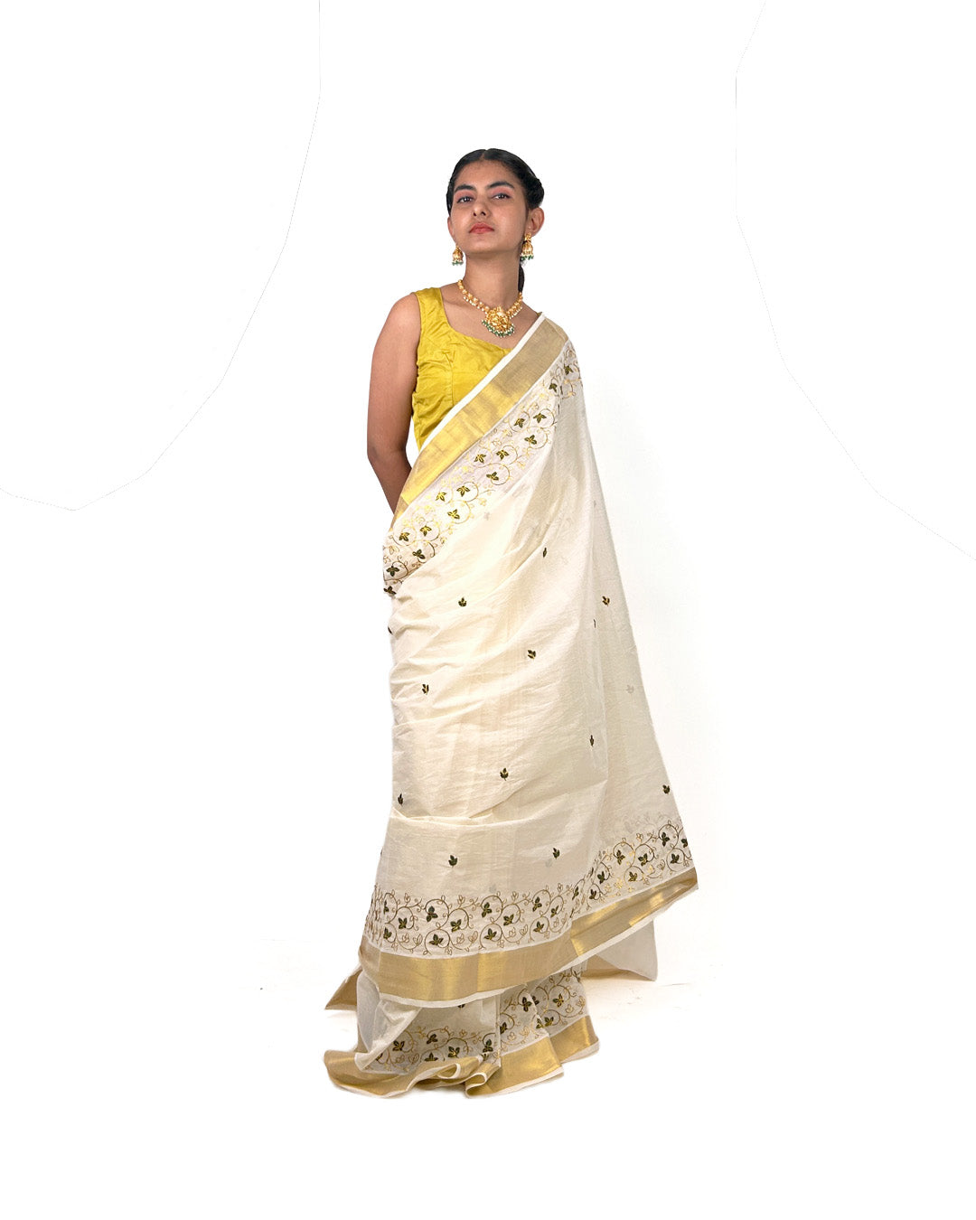 Embroidered Kerala Kasavu Saree with Floral Vines – Golden Border Cotton Saree