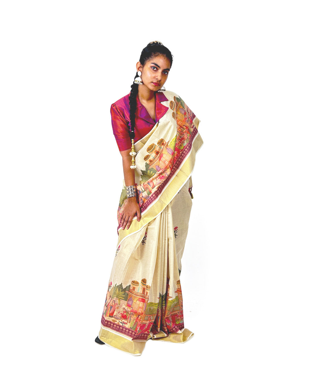 Kasavu Saree with Mural-Inspired Village Print
