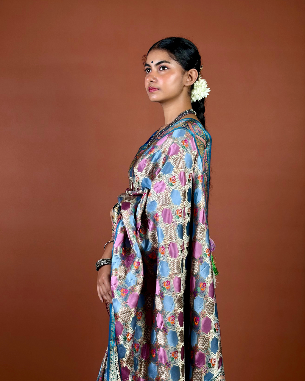 Sky Blue Banarasi Silk Saree with Geometric Jaal and Turquoise Zari Border