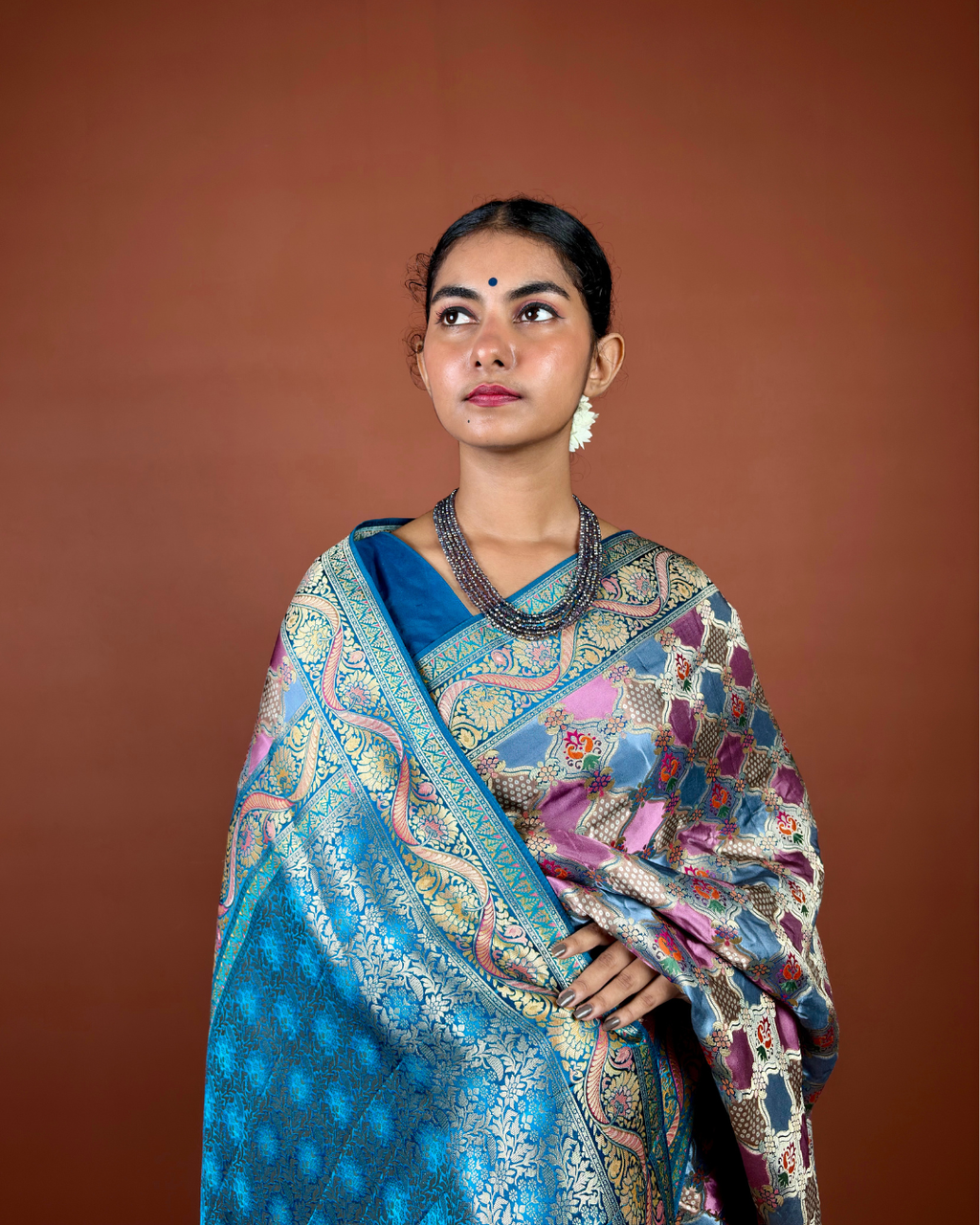 Sky Blue Banarasi Silk Saree with Geometric Jaal and Turquoise Zari Border